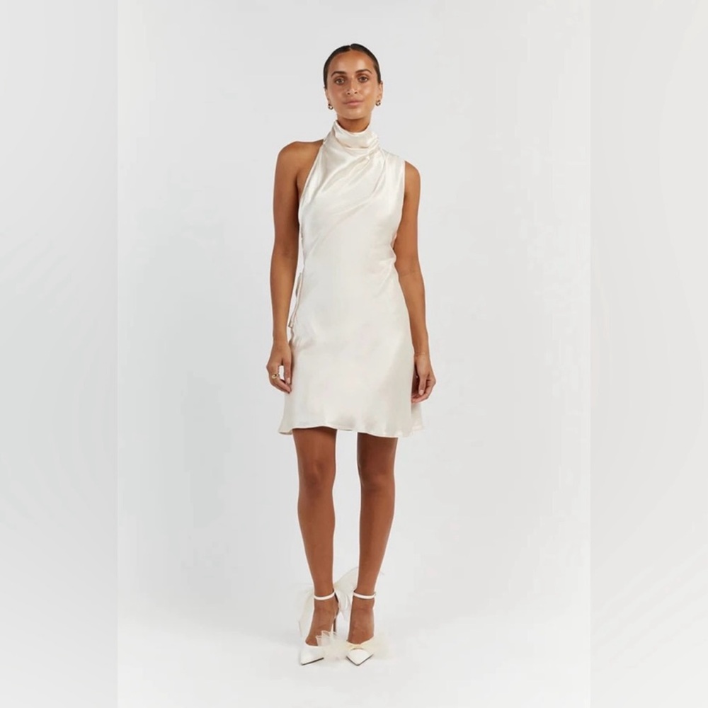 DISSH Aisle Pearl Satin Backless Mini Dress